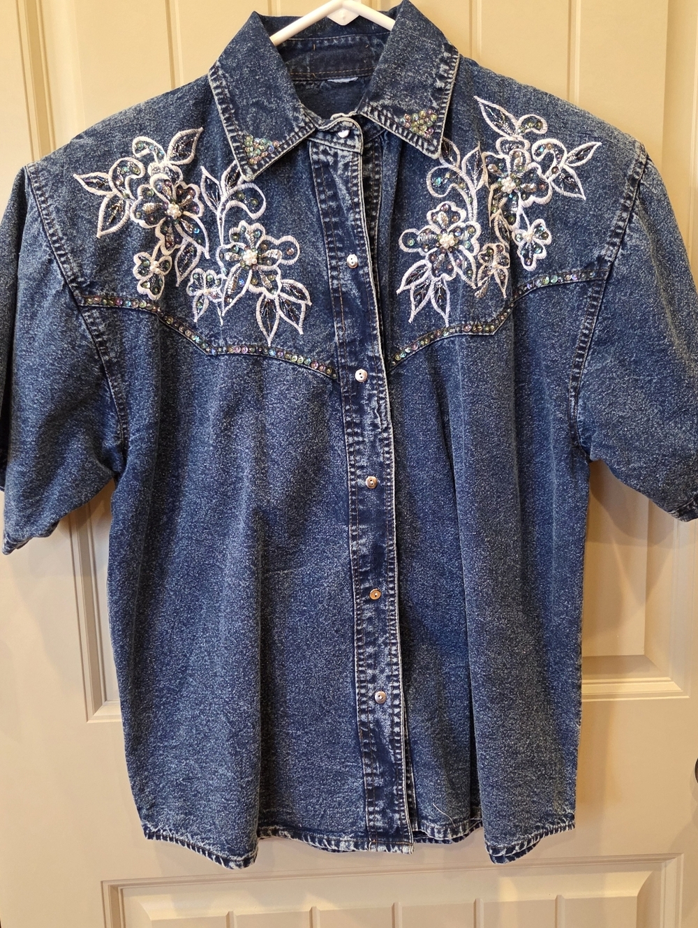 Vtg 80s Acid Wash Denim Western Shirt Pearl Sequin Embroidered Floral Large